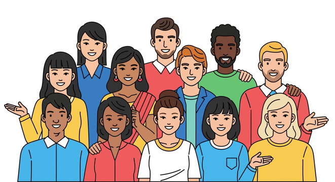 Diverse group of happy people standing.