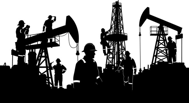 Oil workers on drilling rigs operating.