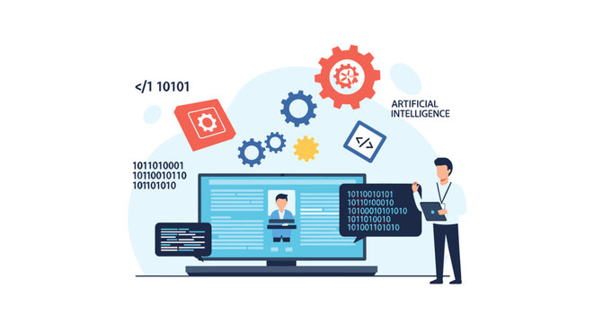 A technical expert stands beside a large computer monitor surrounded by floating colorful gears and binary code snippets during an advanced artificial intelligence development.