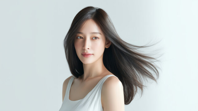 風に流れる美しい艶やかな黒髪を持つ日本人女性：ヘアケア・美容広告・美容院向け	
