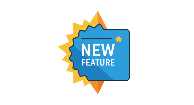 Blue promotional badge icon with New Feature text and starburst background.