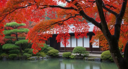 Obraz premium A serene Japanese garden nestled amidst a tranquil forest, where a traditional house with white walls and a black roof stands as a testament to the harmony between nature and architecture.