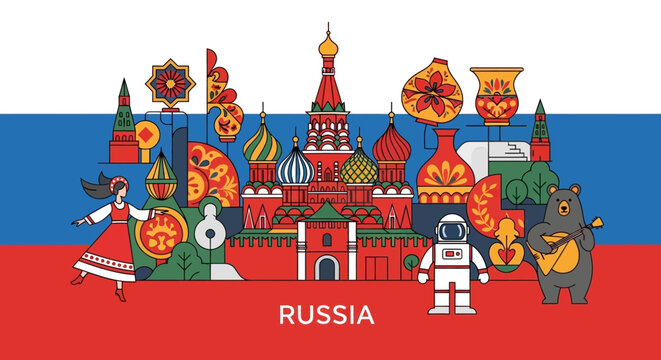 Russia Travel Collage: Iconic Landmarks, Culture, Traditions, and Symbols
