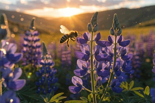 Bee flies in a beautiful field with lupines and pollinates flowers close-up at the sunset.