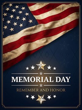 Memorial day remember and honor vintage American flag with stars and stripes on dark blue background featuring geometric pattern and golden stars symbol of remembrance and sacrifice.