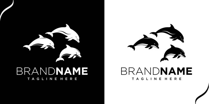 Dolphins jump out of water in logo design on black and white backgrounds.