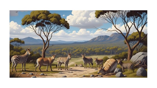 A serene savanna landscape with a diverse group of wild animals including zebras and antelopes grazing under scattered acacia trees with rolling hills in the background under a partly cloudy sky
