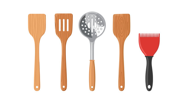 A selection of five essential kitchen utensils includes three wooden spatulas and a metal slotted spoon alongside a vibrant red silicone pastry brush tool.