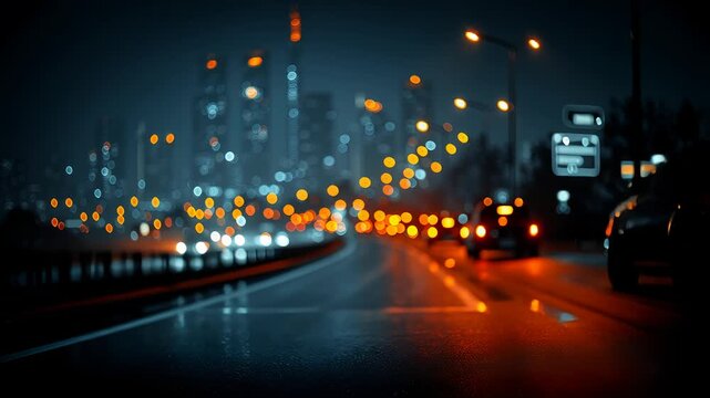 夜の都市道路に広がる光のボケ 夜景とスピード感を表現した背景素材