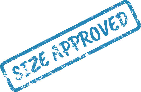 Blue distressed SIZE APPROVED text impression Rubber stamp on a clear white background