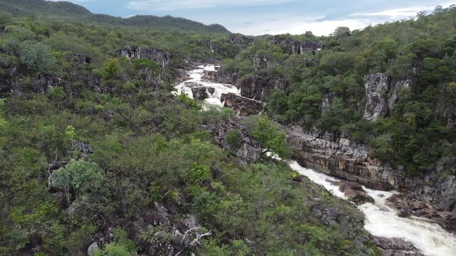 Aerial images of Chapada dos Veadeiros National Park, Saltos do Rio Preto waterfalls (120m and 80m)