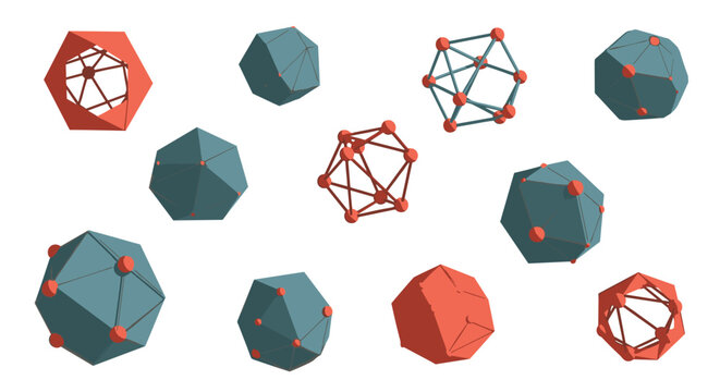 An array of complex three dimensional polyhedral shapes in muted teal and coral red colors features various wireframe structures and solid geometric forms on white.