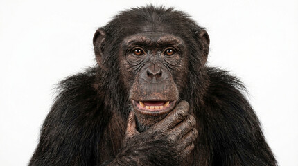 Naklejka premium Chimpanzee face closeup thoughtful pose, looking directly at camera