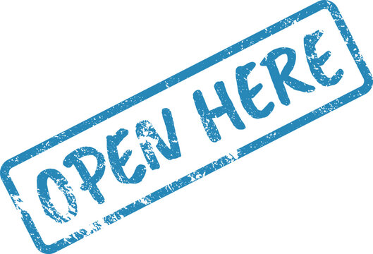 Blue grunge rubber stamp indicating OPEN HERE instruction, pointing to an access point or entry location