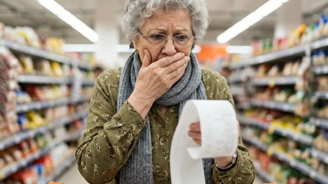 Inflation grocery cost economy crisis budget recession finance affordability struggle senior woman supermarket aisle holding receipt shocked rising prices during grocery inflation cost economy crisis