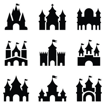 Collection of nine black castle silhouettes