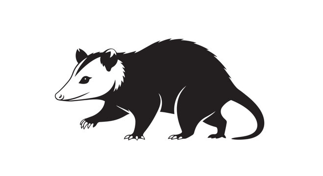 Black and white vector opossum illustration with detailed fur texture and claws