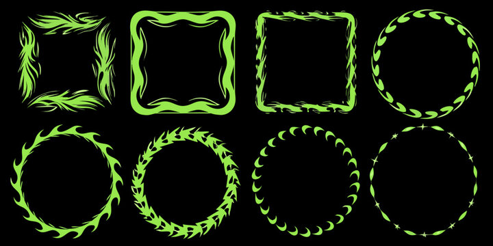 Collection of vibrant green flame like decorative frame shapes on black