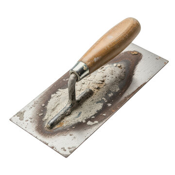 A weathered metal masonry trowel with a wooden handle used for spreading mortar and cement work
