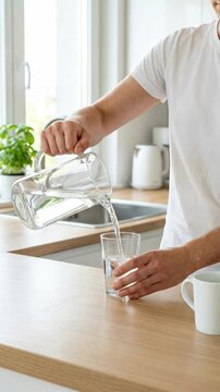 Water pouring from clear pitcher into glass in bright kitchen scene for refreshment hydration purity wellness health vitality daily self care energy on wooden counter with hand closeup