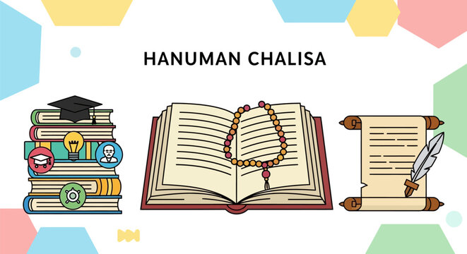 Illustration of Hanuman Chalisa holy book with religious symbols and study materials.