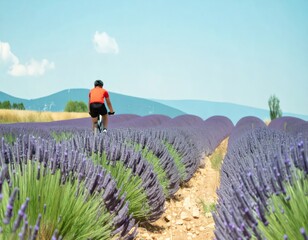 Fototapeta premium Rear view of adult cyclist riding a bike through vibrant purple lavender field