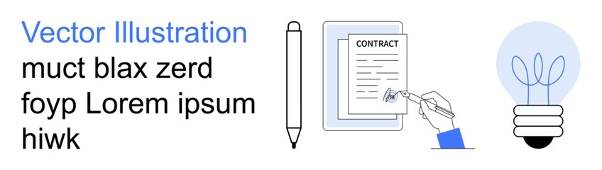 Business agreements, innovation, contract signing, paperwork, creative ideas, office workflow. A pen, hand signing a contract and a lightbulb icon. Business agreements and creative ideas concept © robu_s