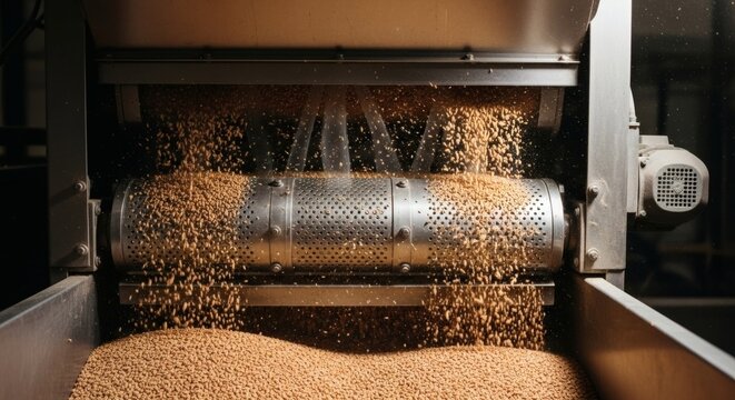 A large industrial machine processing grains in a factory setting