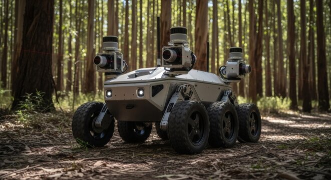 A robotic vehicle with multiple cameras navigates through a dense forest