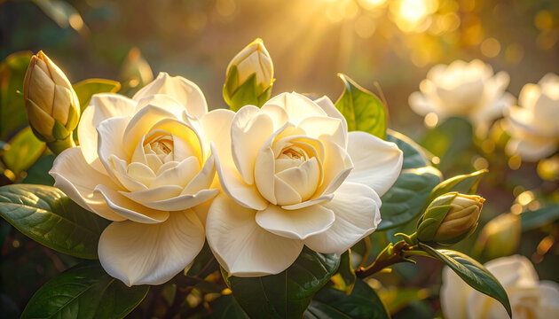 White rose blossoms in sunlight