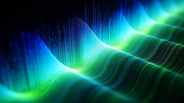 Blue green abstract waves with vertical light beams and digital curves