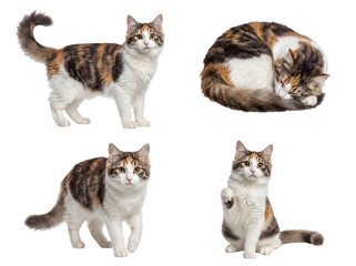 Naklejka premium Four calico tabby cats in distinct poses: standing, curled up, walking, and sitting with paw up.