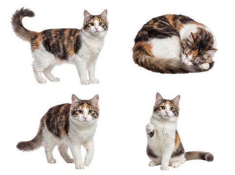 Four calico tabby cats in distinct poses: standing, curled up, walking, and sitting with paw up.