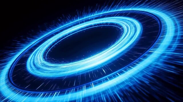 Blue spiral light trails rotating on black background with radiation effect