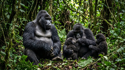 Naklejka premium A family of gorillas resting in a lush green forest habitat