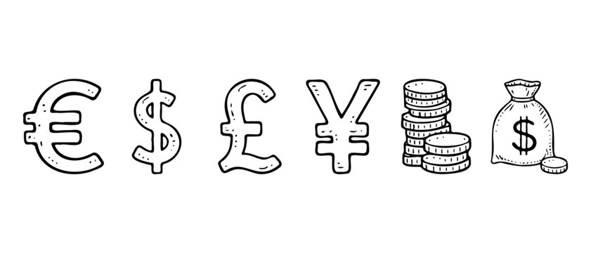 Global Currency Symbols And Money Sack Hand Drawn Icon Collection