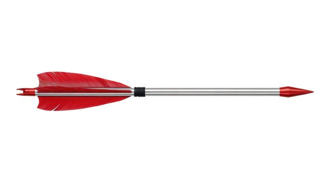 A close-up view of a red and silver arrow with a black fletching. isolated on transparent background