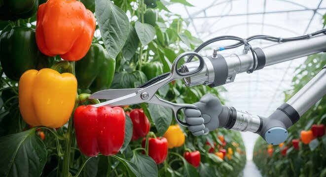 A robotic arm harvesting colorful bell peppers in a modern greenhouse