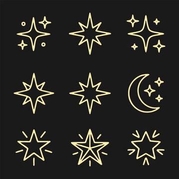 Shining Gold Star And Moon Sparkle Icon Set On Dark Background