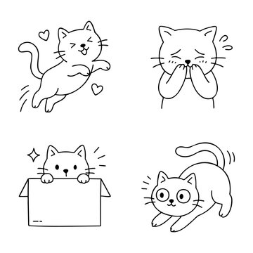 Cute Hand Drawn Little Cat Character Poses Vector Sticker Collection