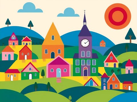 Colorful illustration of a charming european village with rolling hills and a clock tower