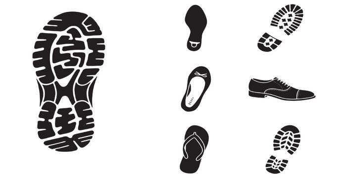 Collection of diverse shoe sole prints and footwear silhouettes representing different types of shoes.