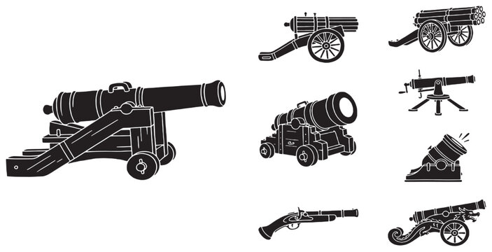 Collection of historical artillery and firearms illustrations, including cannons, mortars, and a blunderbuss.