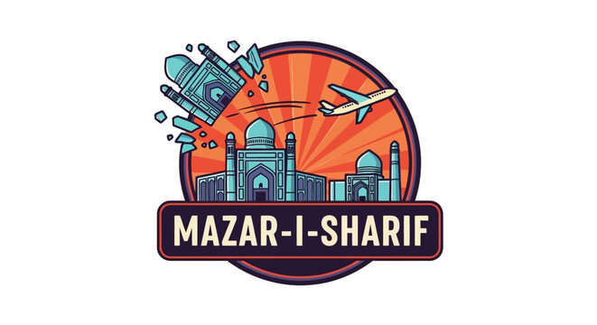 Mazar-i-Sharif Travel Logo Depicting Iconic Landmarks and Airplane.