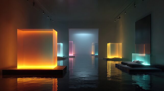 Abstract art gallery featuring luminous glowing cubes with vibrant neon lighting reflections on a dark reflective floor in a modern minimalist exhibition space