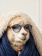 Fototapeta premium Stylish alpaca wearing sunglasses and cozy blue knit blanket
