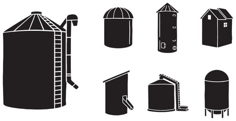 Collection of Silo Icons and Farm Building Illustrations in Black and White. © Riki