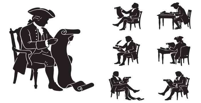 Silhouette of a man in colonial attire writing on a scroll, with smaller vignettes of similar figures engaged in writing and reading.