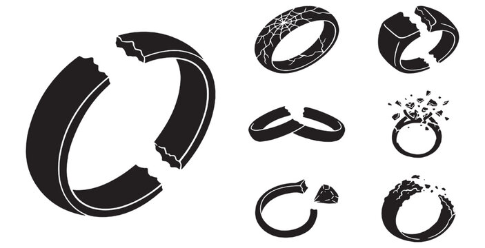Collection of broken rings symbolizing divorce, separation, and relationship breakdown.