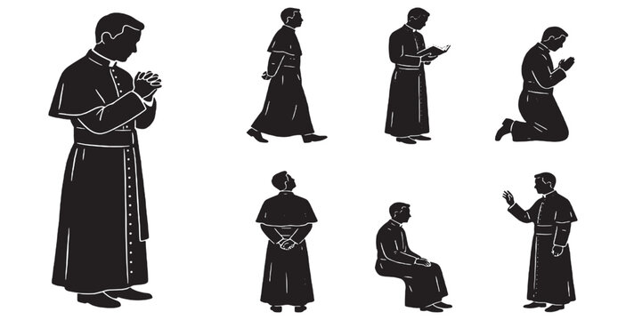 Collection of Silhouettes of a Priest in Various Poses and Actions.